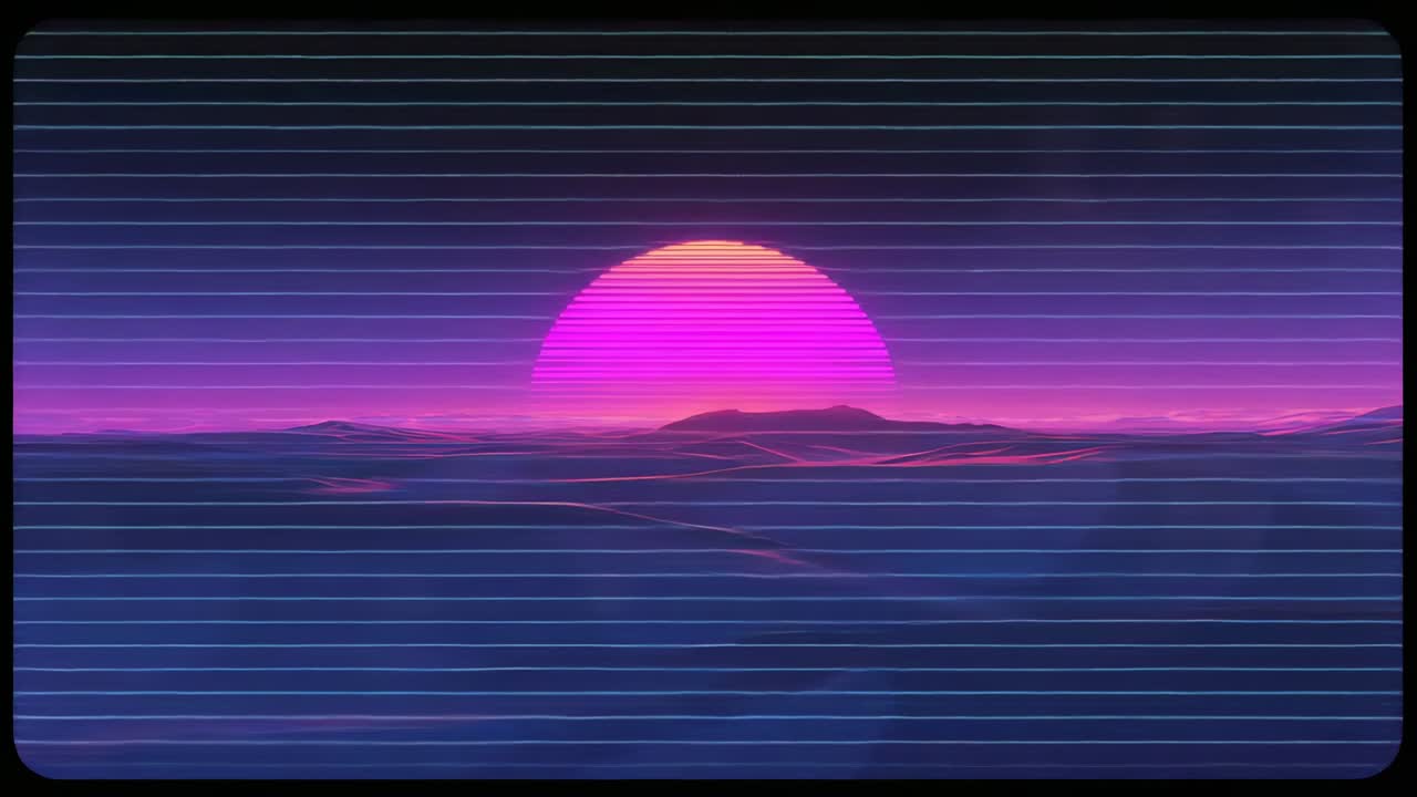 Sinking magenta sun behind wireframe hills at dusk, flickering scan lines and star glints