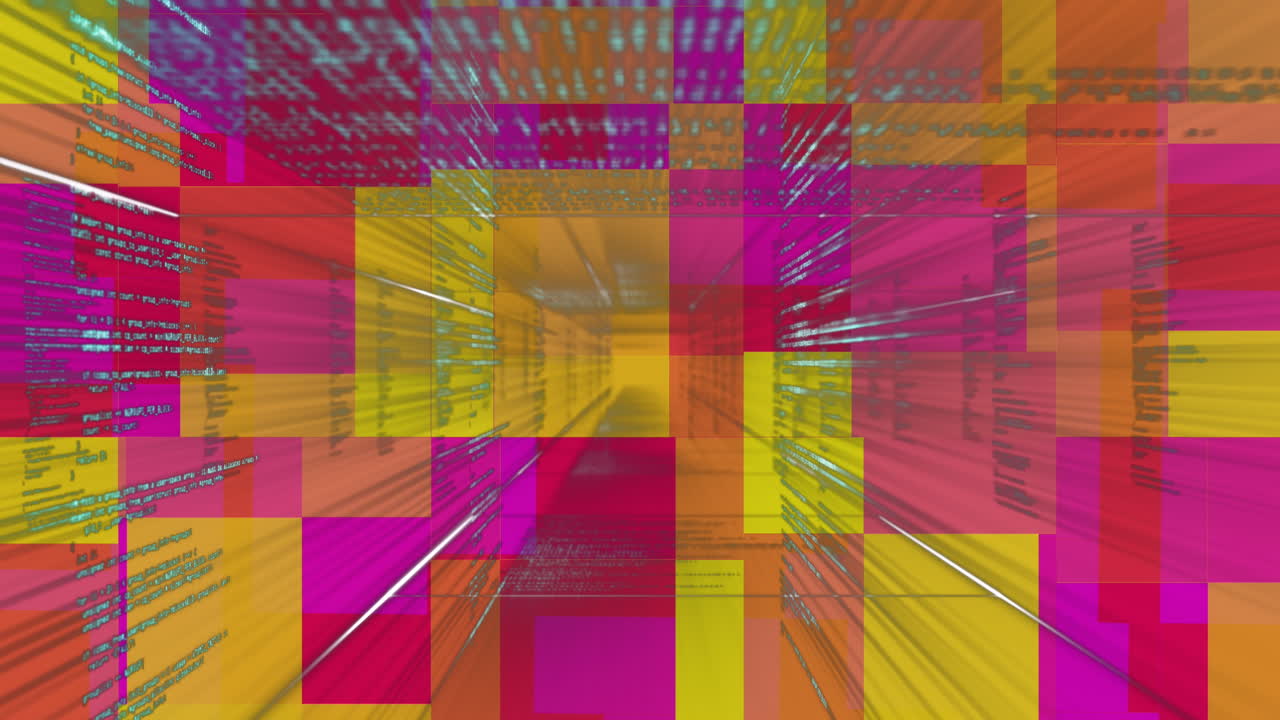 animación del procesamiento de datos sobre el fondo con cuadrados de colores