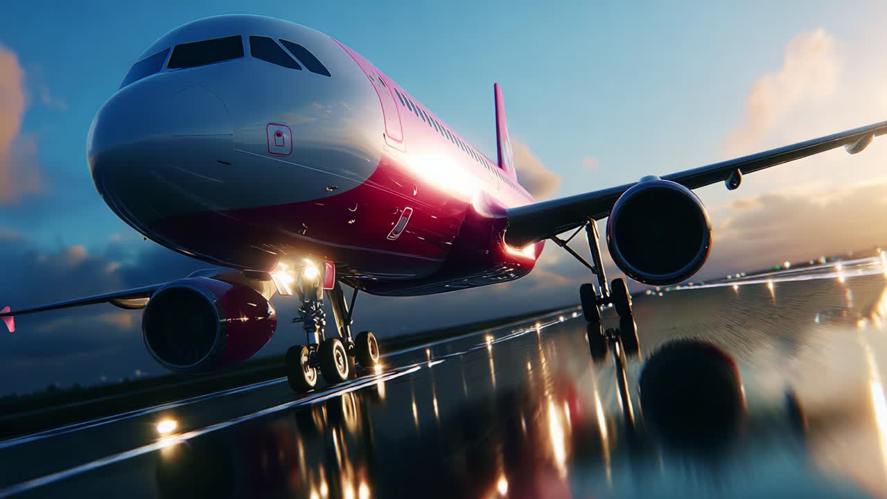 A Stunning Close-Up of an Airplane on the Runway at Twilight, Capturing the Gleaming Details of Its Body and Landing Gear as It Prepares for Takeoff Amidst a Colorful Sky and Reflective Surface