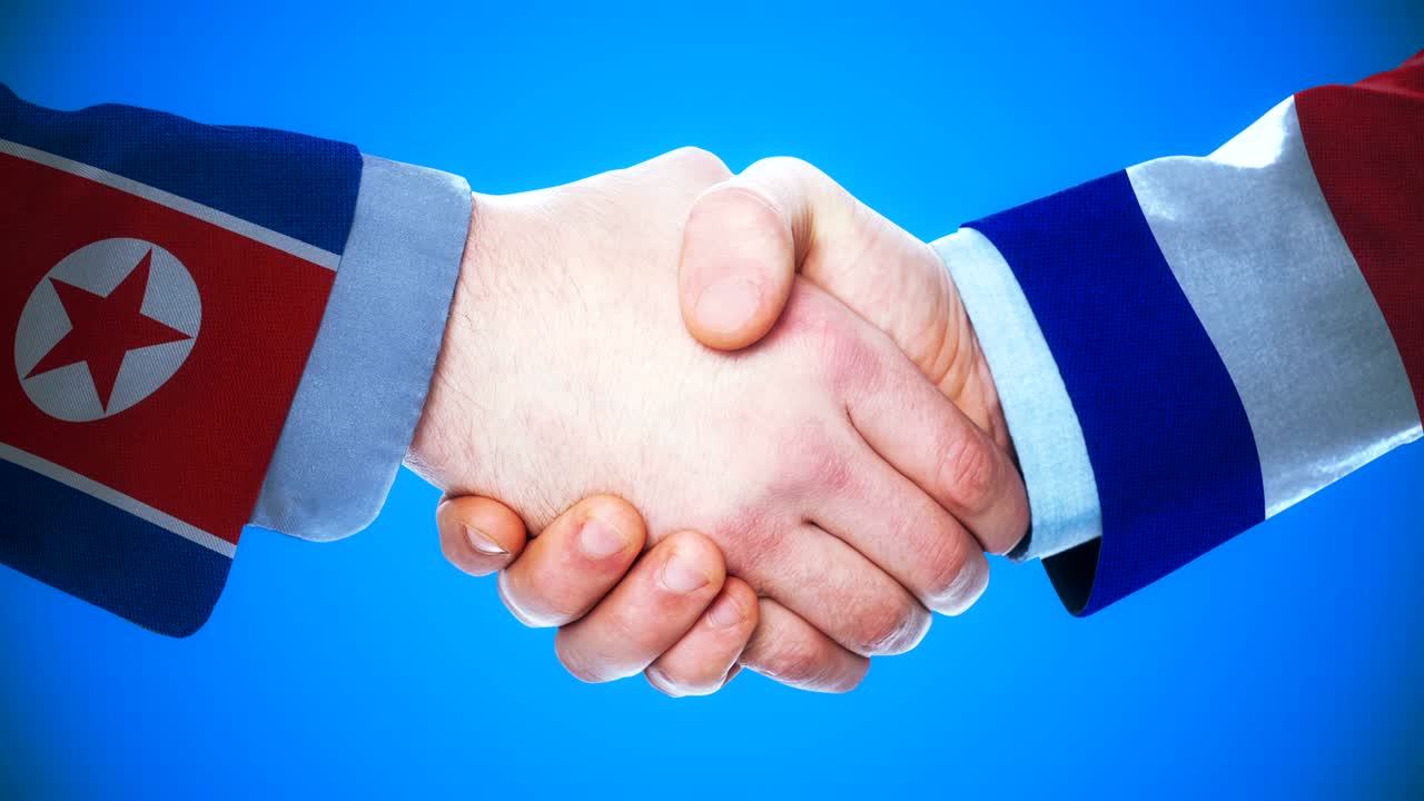 corea del norte - francia apretón de manos concepto de animación sobre países y política con el canal matte /