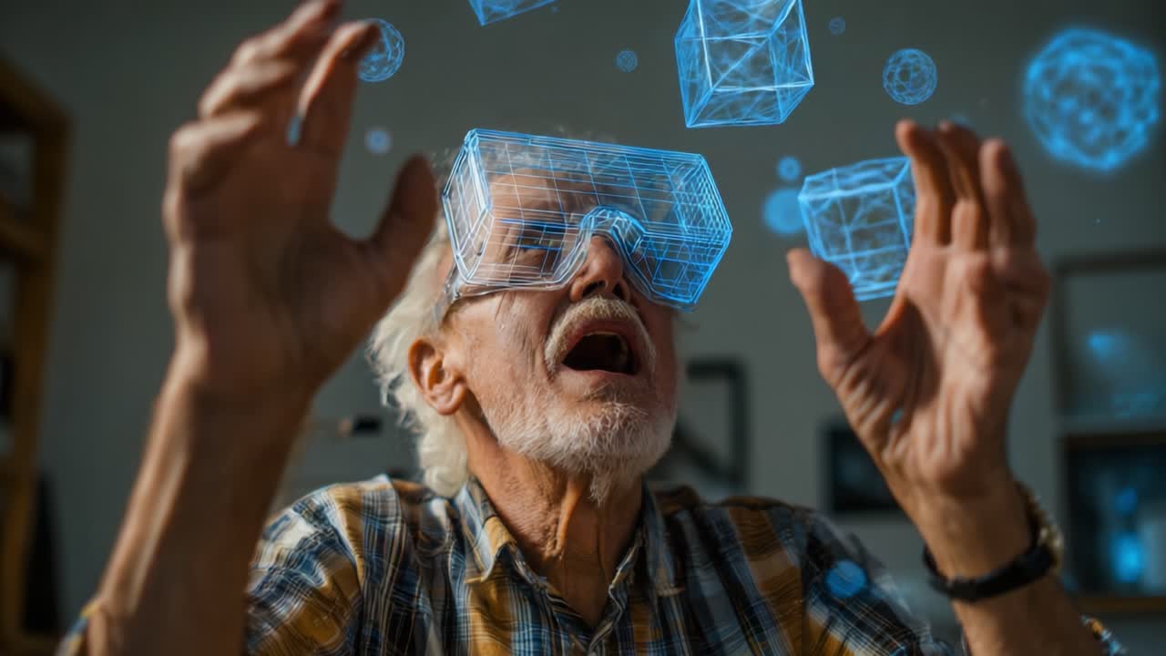 An elderly individual engaging in an immersive augmented reality experience using holographic glasses, with virtual geometric shapes and data visualizations floating in the air, showcasing the synergy between technology and creativity