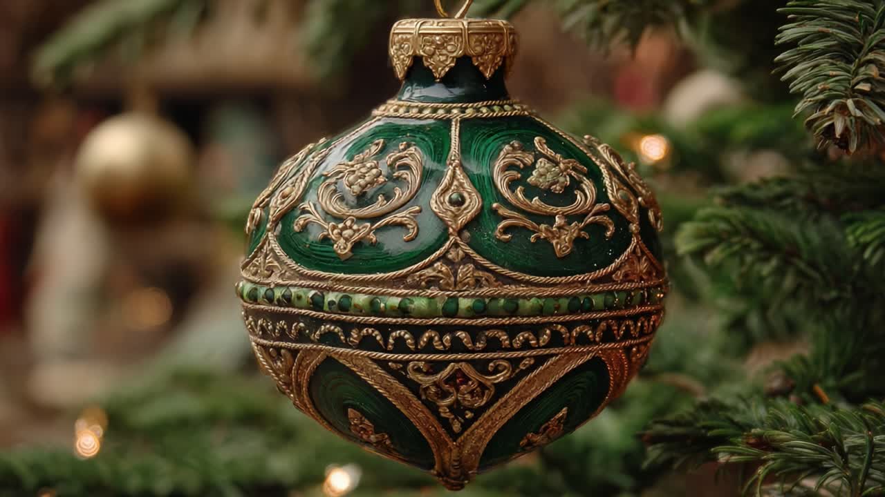 Exquisite Ornamental Christmas Ornament Adorning a Festive Evergreen Tree, Capturing the Elegance of Holiday Decor and Seasonal Traditions in a Vibrant Green and Gold Design