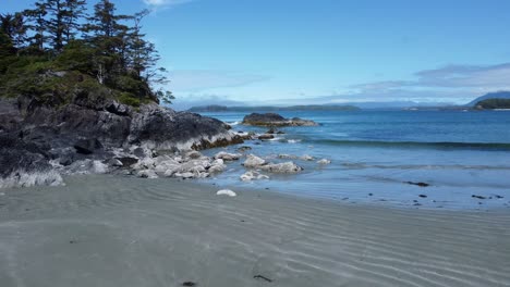 Sandy-coast-beach,-Vancouver-Island,-Canada,-calm-waves-clear-skyline