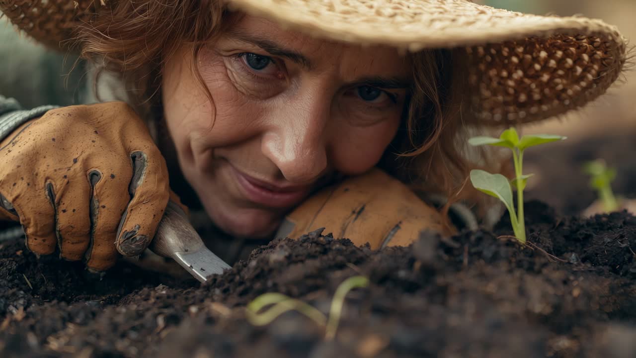 Gardener loosening soil with trowel around sprout after emergence in raised bed, supporting growth