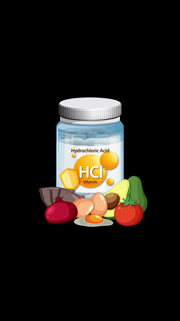 Vitamin supplement bottle gradually surrounded by assorted vegetables, fruits, and meat on black background