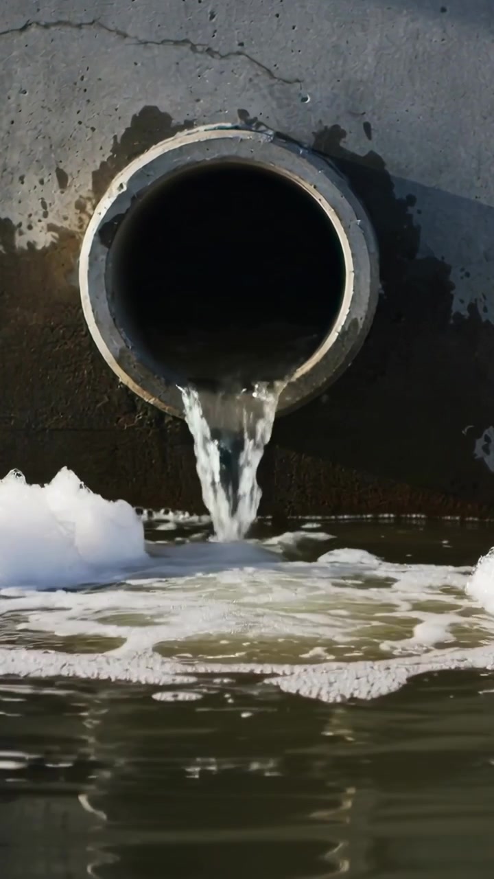 Vertikales Video: Erste Welle strömt aus Betonabflussrohr, ergießt sich in Becken und bildet Schaum