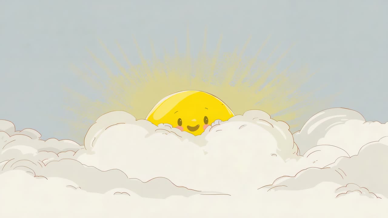 Rising animated yellow sun emerging above clouds while clouds shifting down, showing warm halo rays