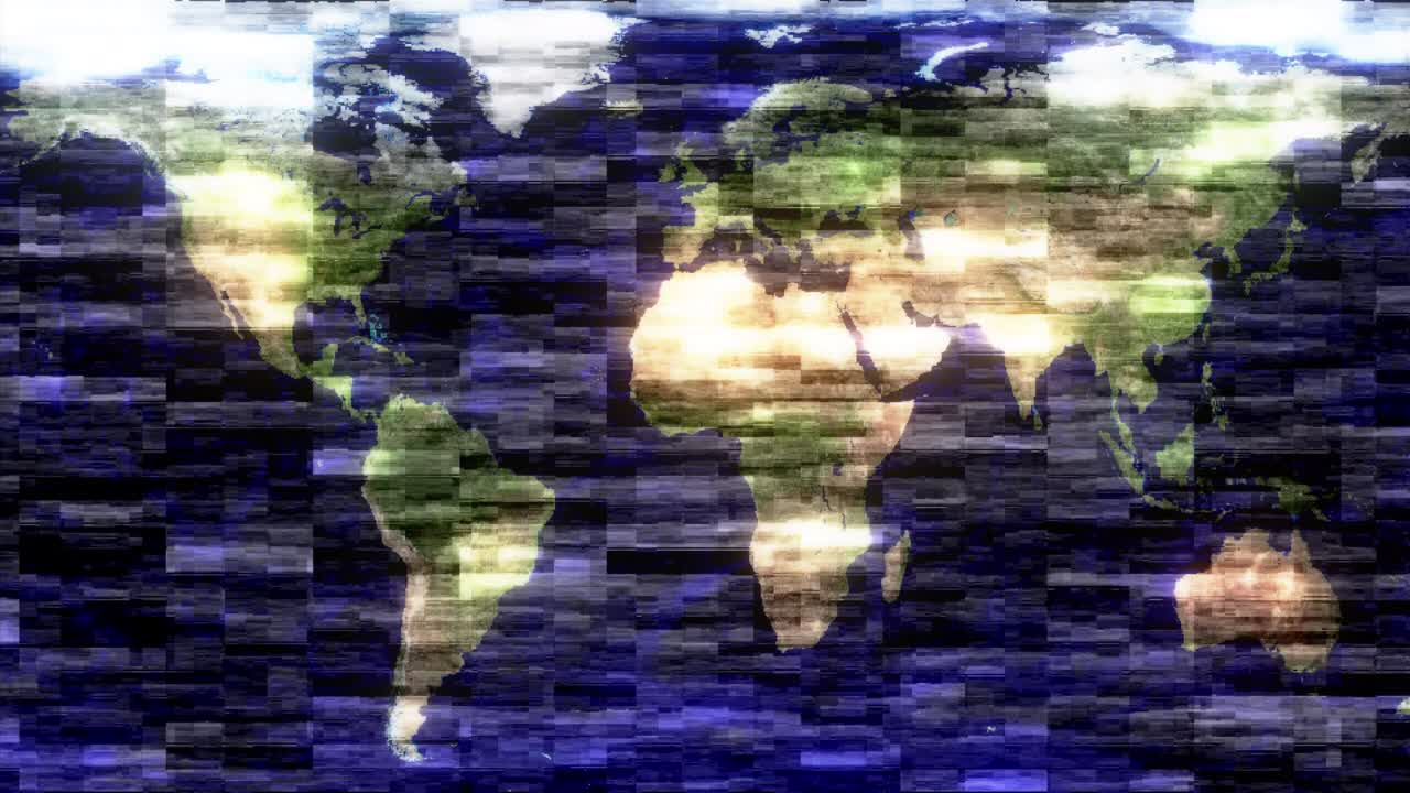 Abstract glitch effect purple  world map animation 3D rendering for background. Abstract earth map with grunge grid texture background concept.