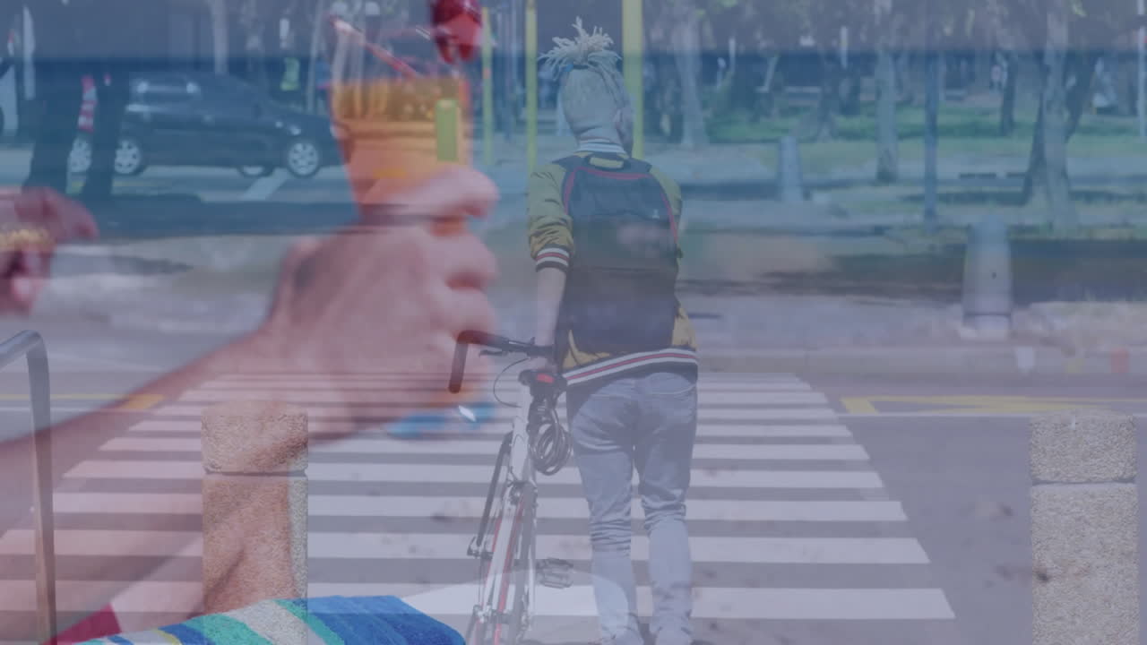 Crossing street with bicycle, person holding drink over beach animation scene