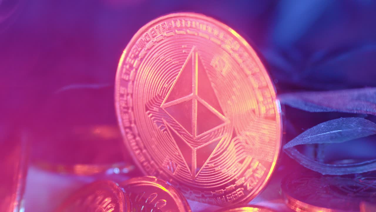 Close-up shot of a Bitcoin cryptocurrency token with smoke and led lighting