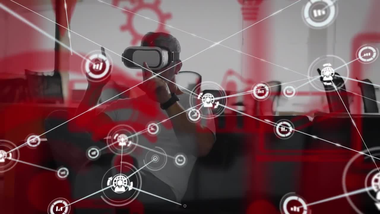 스마트폰을 사용하는 백인 사업가 여성에 대한 아이콘과의 연결 네트워크의 애니메이션