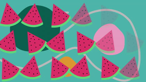 animación de sandías y formas coloridas sobre fondo verde