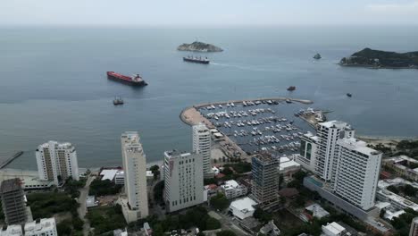 Aerial-Drone-Fly-Above-Rodadero-Park-Santa-Marta-City-Colombia-Beach-Landmark-Travel-Destination-in-Caribbean-Sea