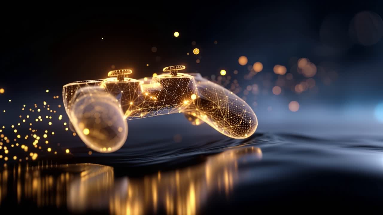 Golden controller glows, particles dance above dark water. Reflections shimmer, lights float like magical sparks. Tech meets fantasy, gaming aura pulses with energy. Ideal for digital media, esports