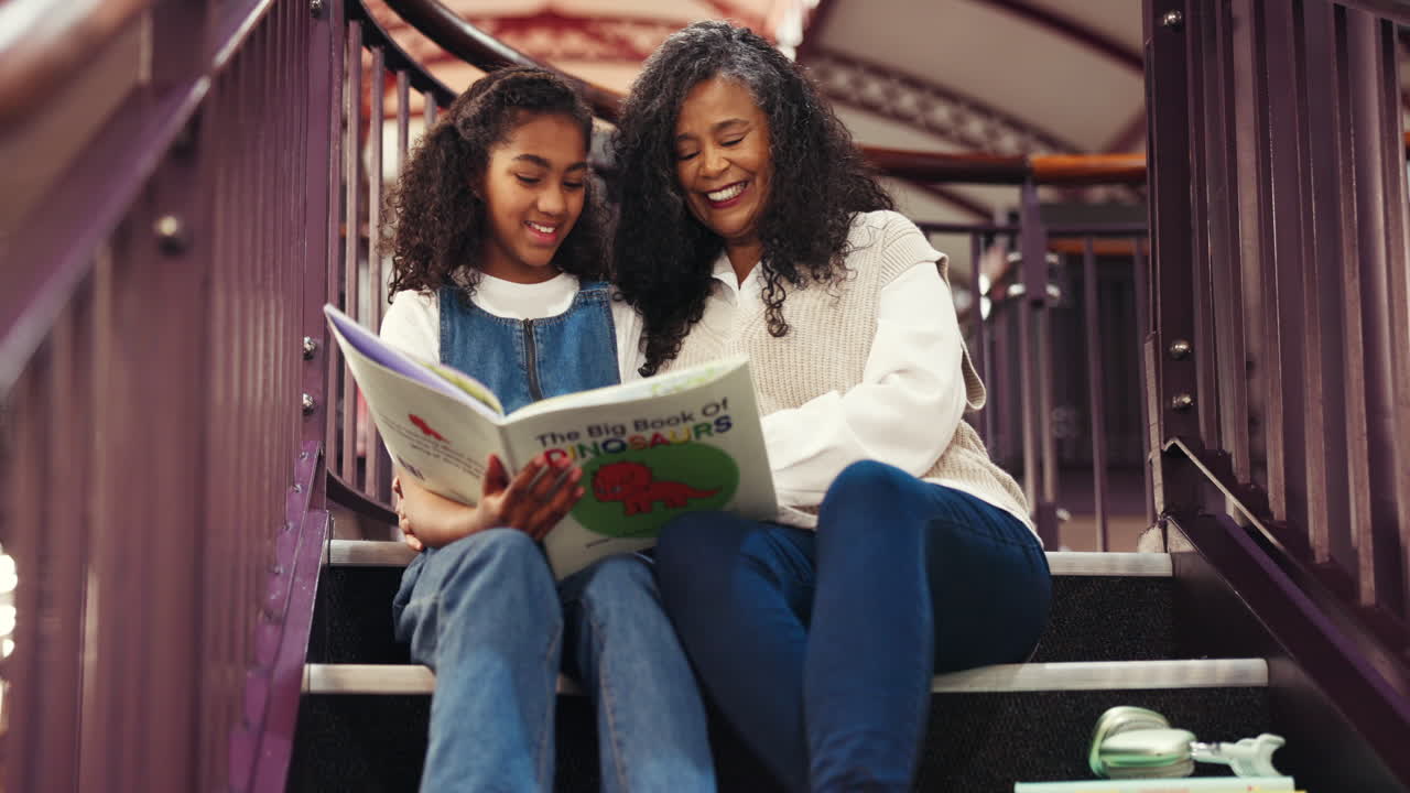 Grandmother and Granddaughter Reading a Dinosaur Book on the Stairs