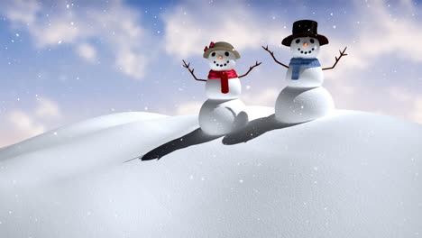 animation of snow falling over smiling snowmen in winter scenery