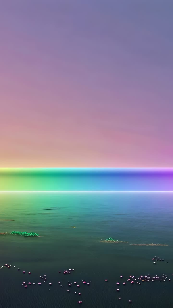 Vertical video: Bright rainbow beam narrowing at horizon over sea at dusk, with drifting clusters