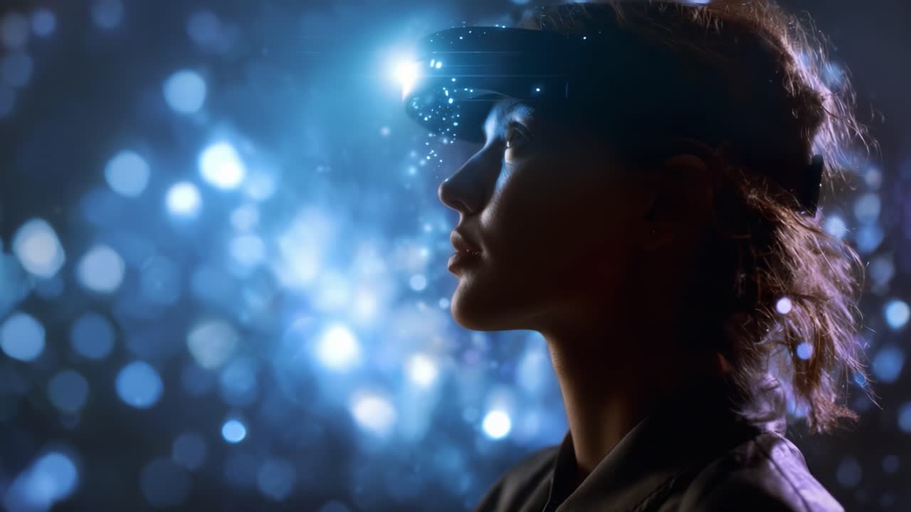 Una donna che indossa un visore futuristico guarda meravigliata, circondata da una serie abbagliante di luci scintillanti e scintille eteree, a simboleggiare l'innovazione e la tecnologia