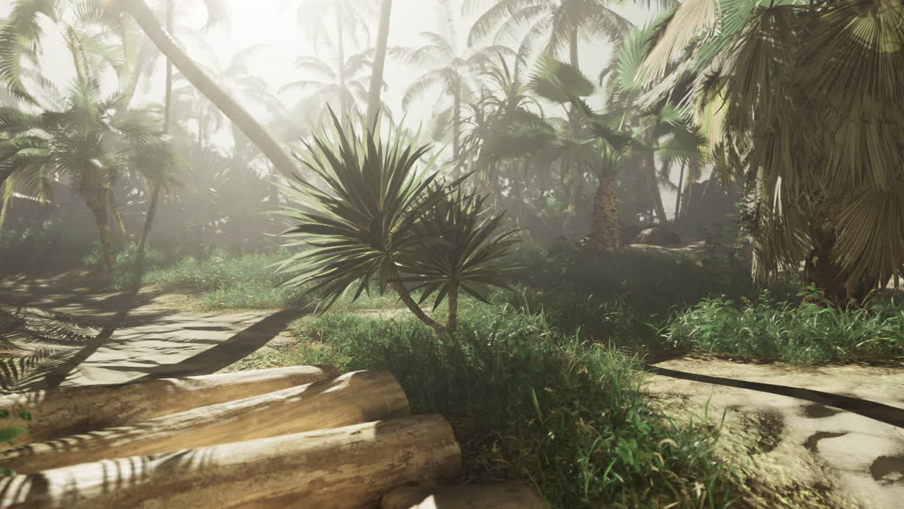 Lush tropical landscape with palm trees and sunlight shining through foliage