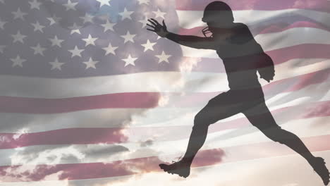 animación de jugadores de fútbol americano siluetas sobre la bandera de los estados unidos de américa.