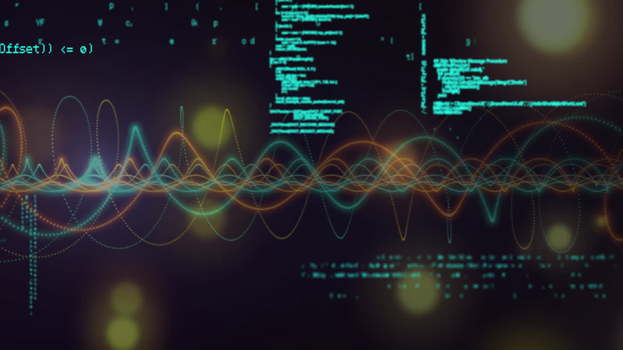 Creating digital data visualization concept with colorful waveforms and coding text