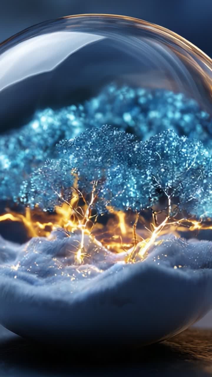 A mesmerizing fantasy scene captured in a glass sphere showcases an ethereal tree of shimmering lights surrounded by a snowy landscape, encapsulating the beauty of winter magic and glowing energy
