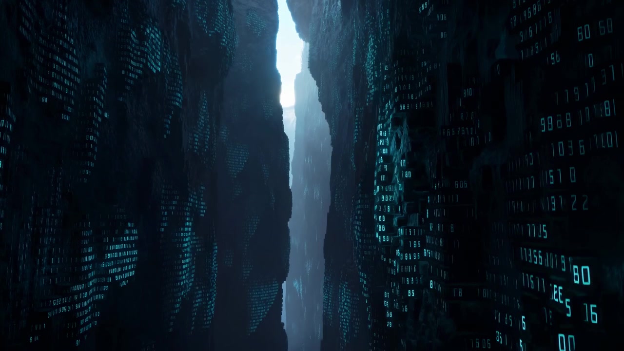 View advances between rugged vertical walls filled with luminous numeric patterns, while nearby digits grow larger and distant blue haze stays centered beneath a bright opening.