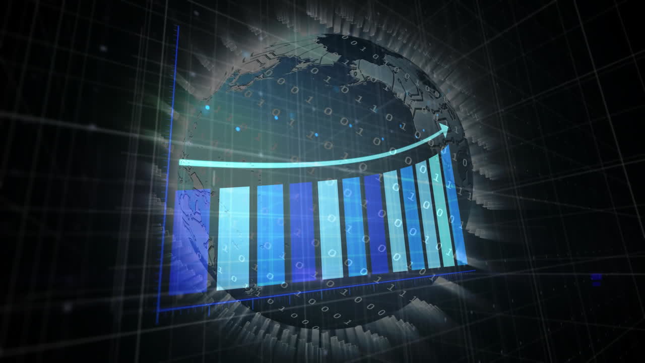 Animation of statistics and globe over digital data processing on dark background