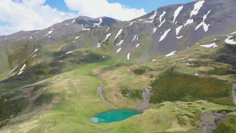 cinematic wide revealing drone shot of oreit lake in tusheti georgia, in the caucasus mountains