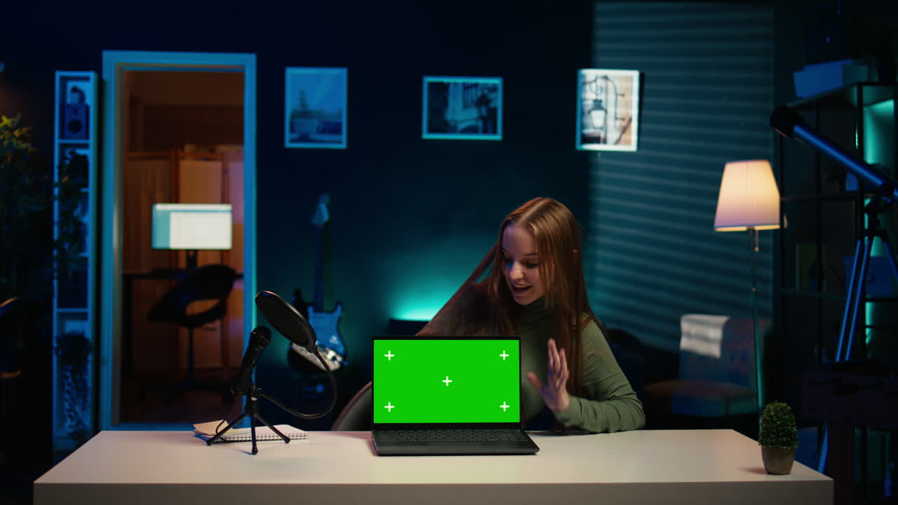 젊은 엔터테이너가 브랜드 스폰서 비디오에서 녹색 화면 노트북을 선보입니다.