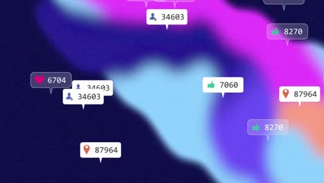 Animation-of-social-media-notifications,-falling-over-pink-and-blue-blurred-shapes,-then-white