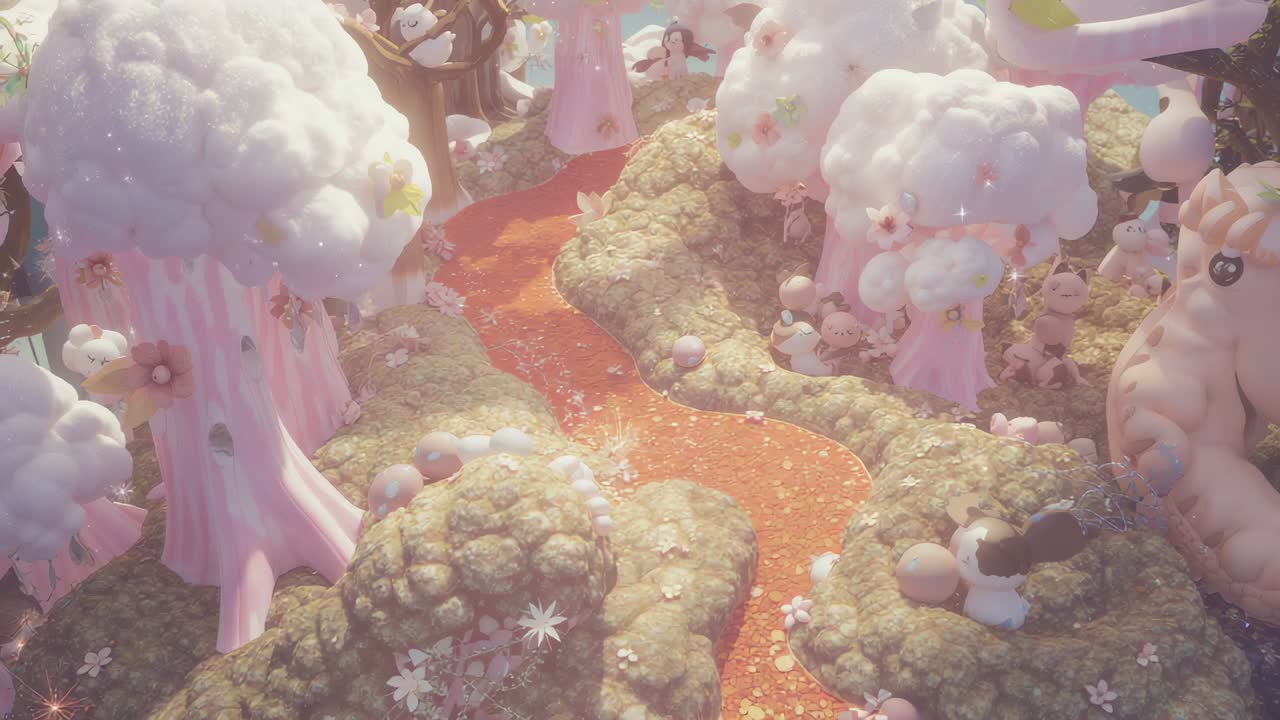 Camera panning across pastel grove with pink trees, revealing ruby stream and female in pale dress