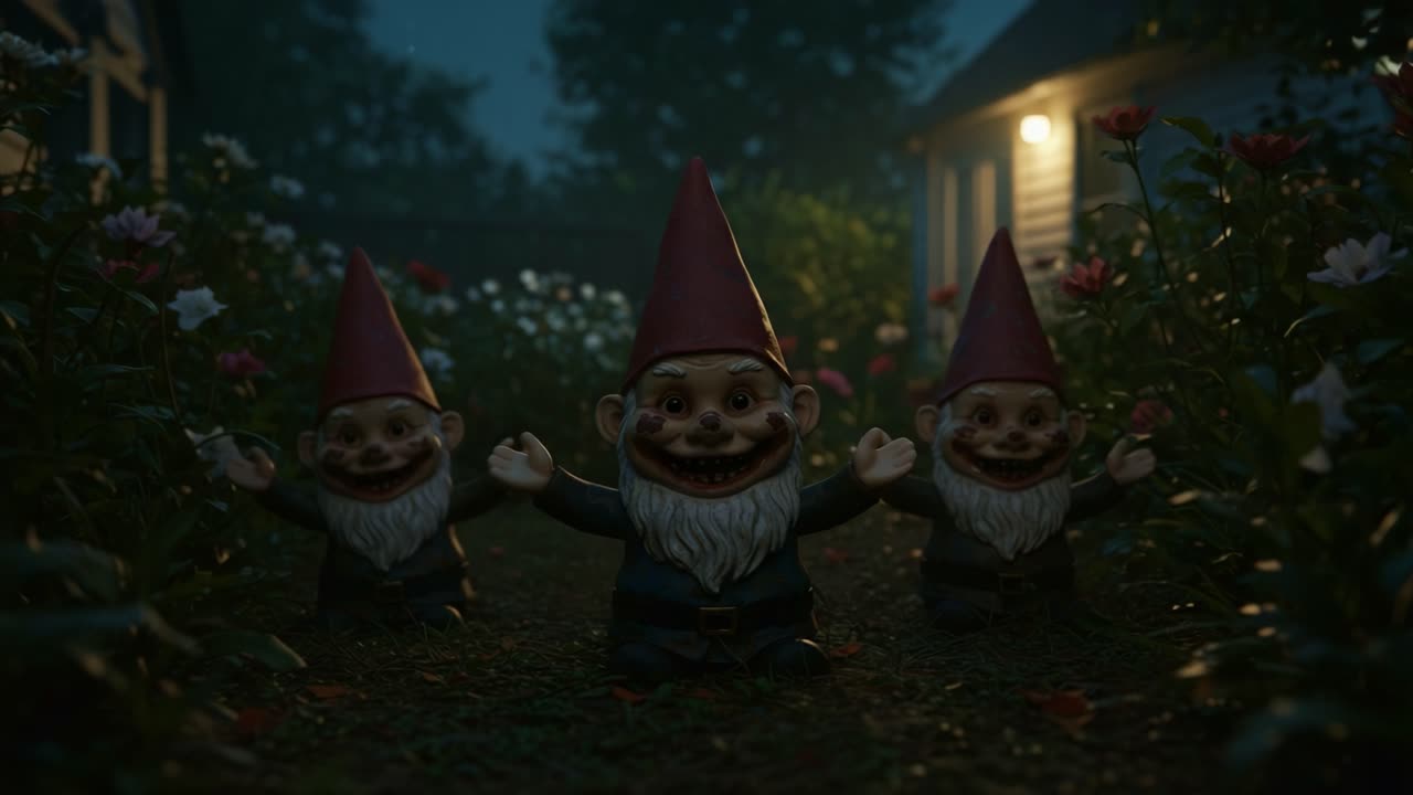 Eerie Garden Guardians: Three Whimsical Gnomes Emerge Under Moonlight, Bringing Mischief and Cheer Amidst Blooming Flowers in a Mysterious Nightscape