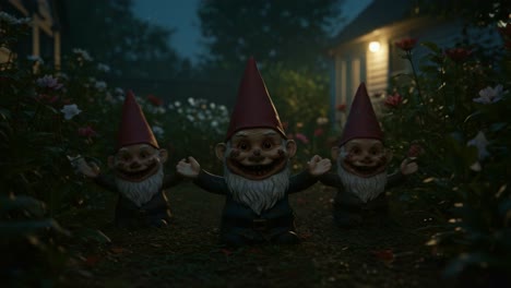 eerie garden guardians: three whimsical gnomes emerge under moonlight, bringing mischief and cheer amidst blooming flowers in a mysterious nightscape