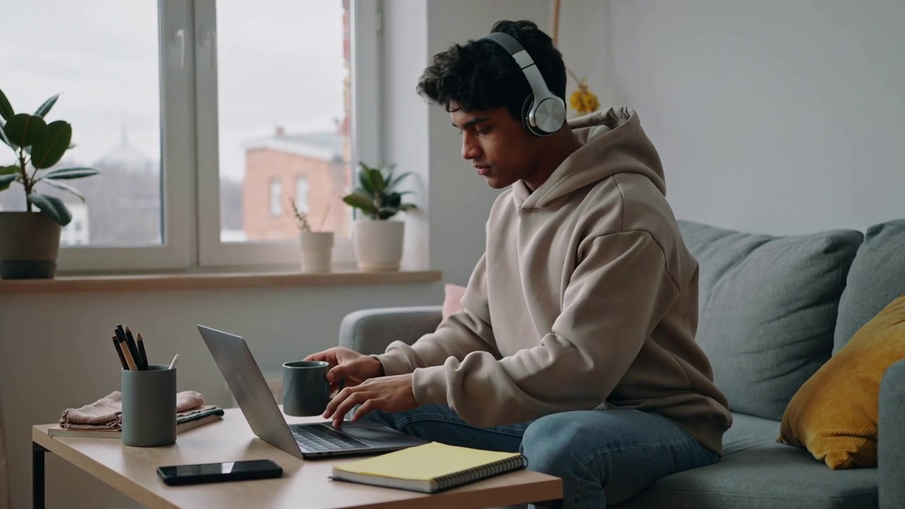 Starting work, man in hoodie putting on headphones in living room, sipping mug, typing on laptop