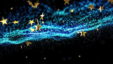 golden stars and blue particles moving on black background