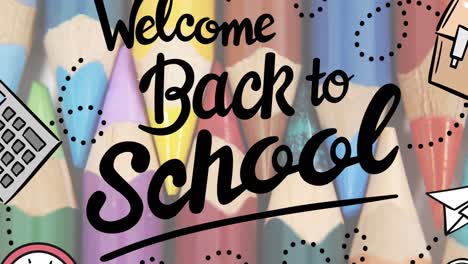 Animation-Von-„Back-To-School“-Texten-Und-Symbolen-Für-Schulgegenstände-über-Buntstiften