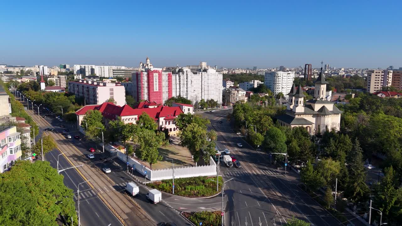 Bird's Eye View Over Eroii Revolutiei Square, Colorful Buildings, Heavy Trafic, Bucharest, Romania