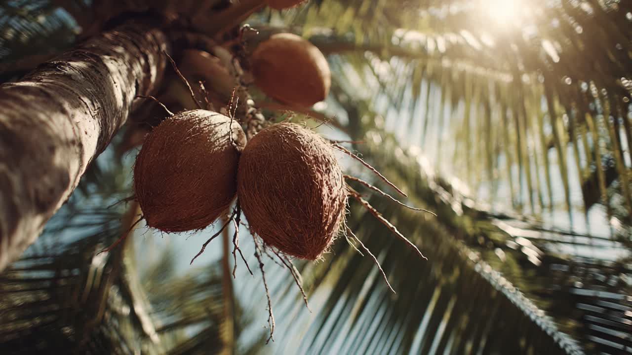 A Stunning Close-Up View of Ripe Coconuts Hanging from a Tropical Palm Tree Illuminated by Soft Sunlight, Showcasing Nature's Beauty and Abundance