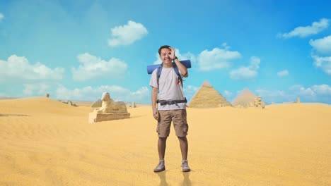 tourist posing in front of egyptian pyramids