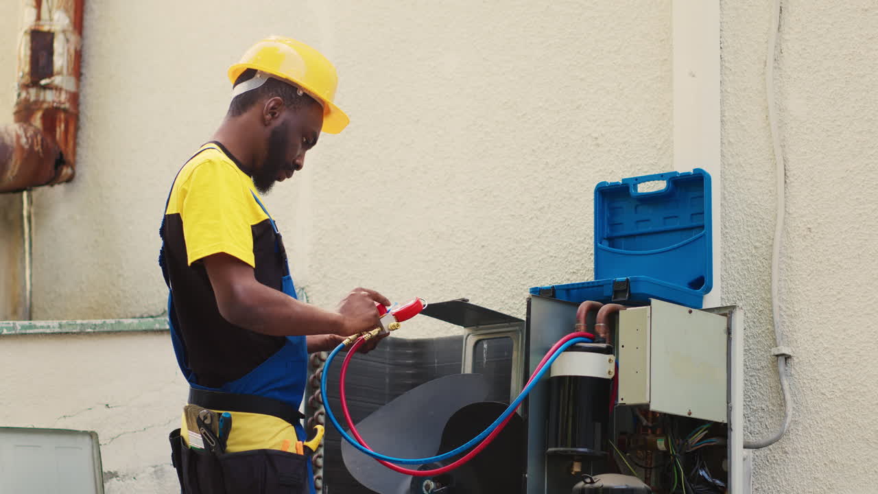 Mechanic looking at freon levels