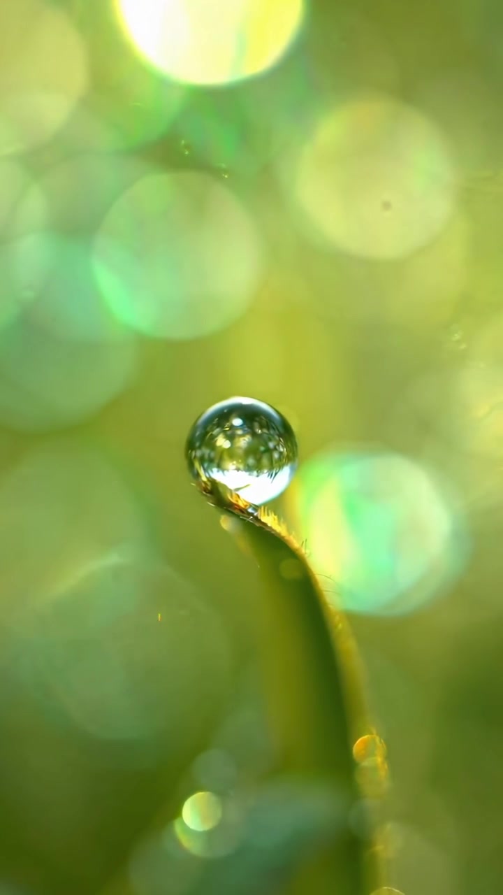 Primo piano macro di una goccia d'acqua su un filo d'erba con sfondo bokeh