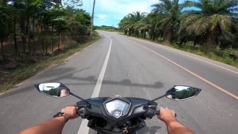 Joven-Turista-Caucásico-Conduciendo-Un-Scooter-Negro-En-El-Lado-Izquierdo-De-La-Carretera-Rodeado-De-Palmeras-En-Un-Día-Soleado-En-Tailandia