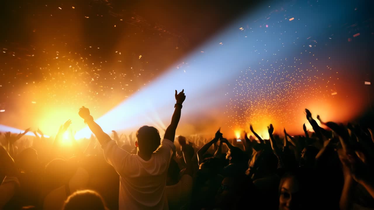 Scena di concerto vibrante con una folla energica, catturata da un'angolazione bassa