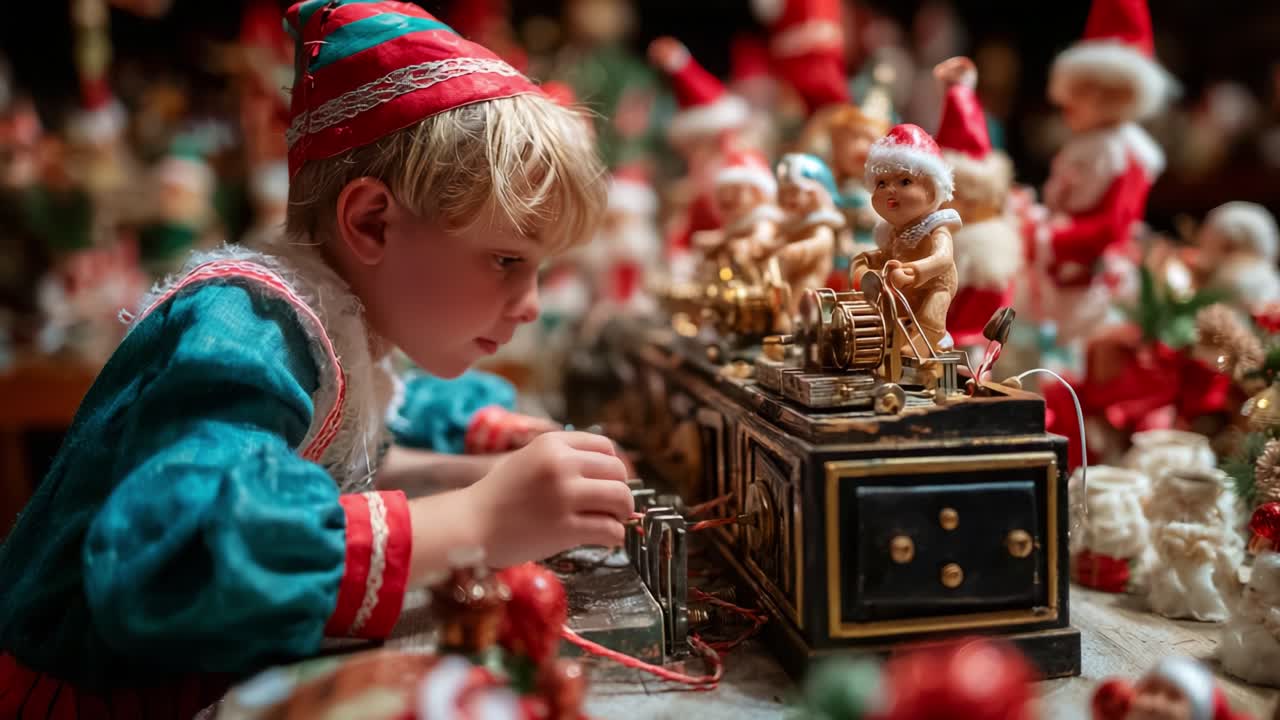 Un bambino piccolo in un ambiente festoso gioca con un complesso set natalizio, circondato da decorazioni vintage e statuine allegre, immergendosi nello spirito delle feste