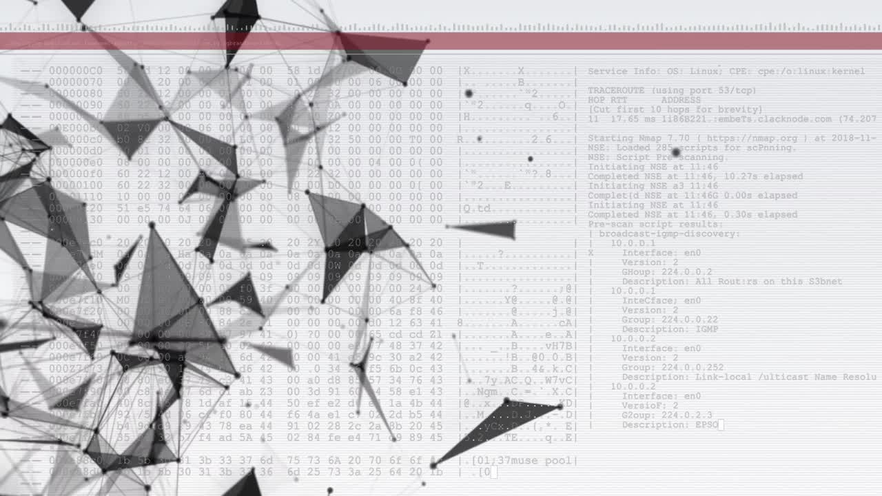 Animation of network of connections over data processing on white background