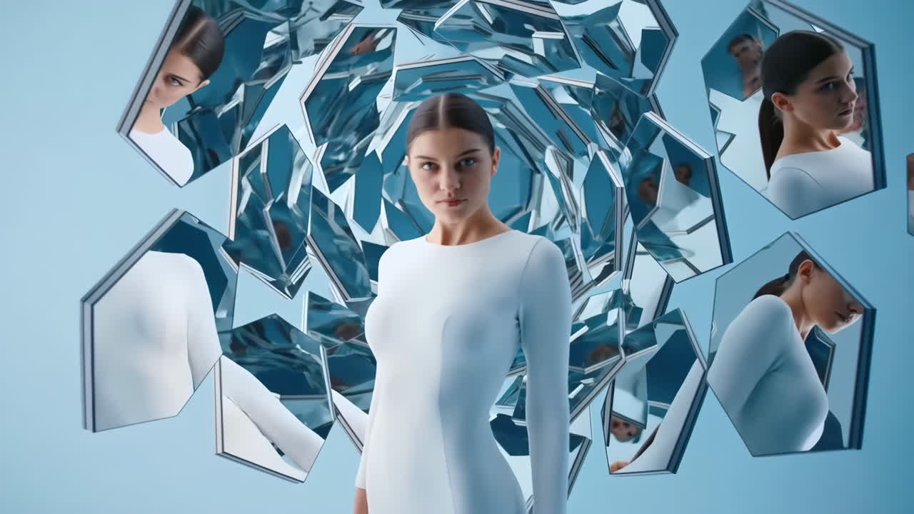 Woman in White Dress Amidst Shattered Reflections