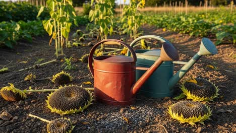 a vibrant garden scene featuring colorful watering cans amidst sunflower remains and rich soil, perfect for gardening enthusiasts and nature lovers