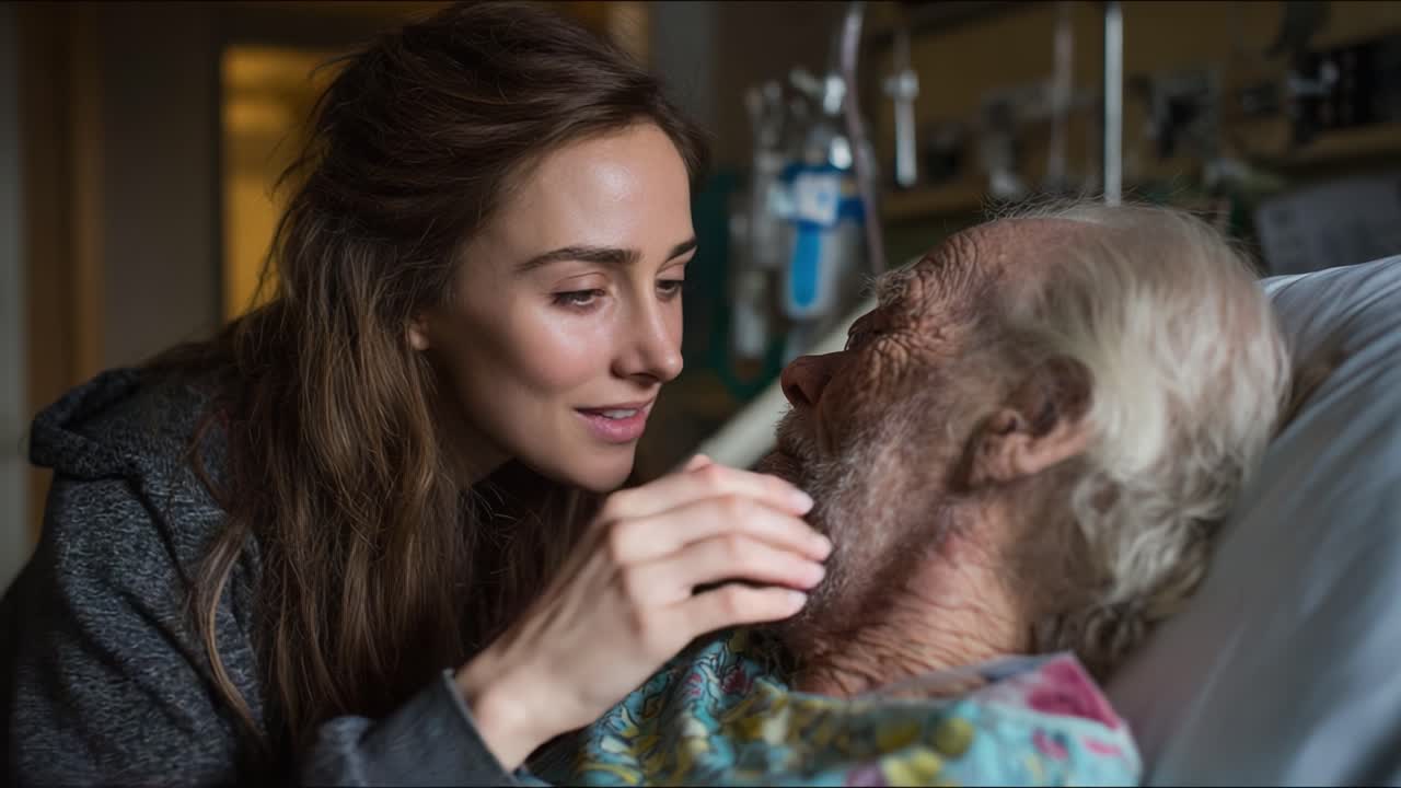 Un momento toccante: una giovane donna conforta un anziano in una stanza d'ospedale, esplorando il profondo legame tra generazioni e il potere della connessione umana.