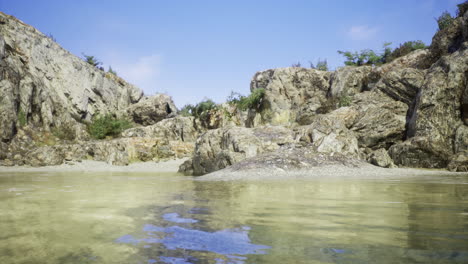 beautiful serene beach with rocky cliffs under a clear blue sky